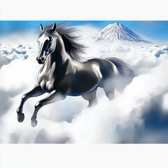 Black Stallion Soaring Above Clouds Near Majestic Peak