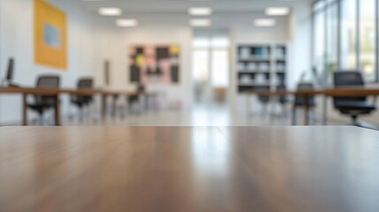 Table for product display in a blurry panoramic CEO office The space features white walls tiled floors wooden desks chairs, bookcase, background blurry
