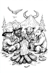 Illustration of four animals, including a bear, bison, boar, and wolf, gathered around a campfire in a forest setting.