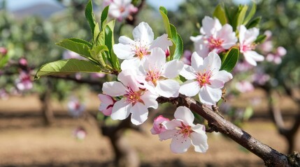 Obraz premium Blooming Almond Blossoms in Sunny Orchard Landscape