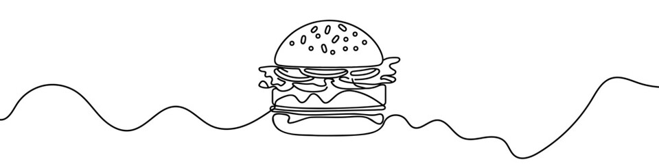 One continuous line illustration of a hamburger, isolated on white background. Line art of hamburger