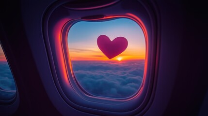 View from the plane window to the sky with clouds and heart shape red balloon