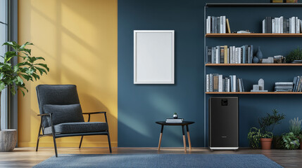  A sleek coffee table sits at the center, adding functionality and style to the space. The room’s backdrop is accented with a vibrant blue and yellow wall, creating a contemporary, energetic atmospher