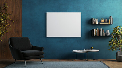 Fototapeta premium A sleek coffee table sits at the center, adding functionality and style to the space. The room’s backdrop is accented with a vibrant blue and yellow wall, creating a contemporary, energetic atmospher