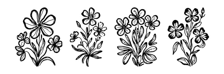 Obraz premium Brush stroke flowers. Hand drawn ink flower, primitive black paint abstract floral elements. Simple flowers in childish drawing naive style. Vector grunge abstract brush silhouettes