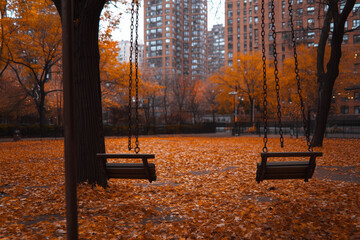 Empty Playground Swings Surrounded by Autumn Foliage and Urban Skyline