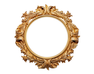 Ornamental Round Gold Frame Isolated on Transparent Background. Elegant and Decorative Design Element for Pictures, Photos, or Mirrors. PNG Image.