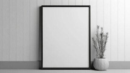 
This 3D rendering showcases a modern living room with a frame mockup on the wall, providing a perfect setting for showcasing artwork or posters. 