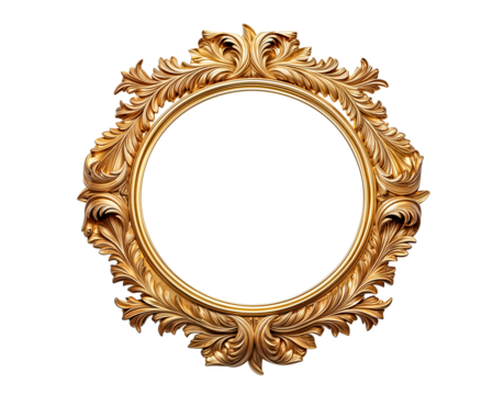 Ornamental Round Gold Frame Isolated on Transparent Background. Elegant and Decorative Design Element for Pictures, Photos, or Mirrors. PNG Image.