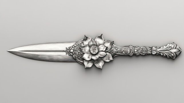 Ornate silver dagger with floral design.