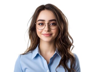 Obraz premium Stylish young woman wearing a blue office shirt smiling on white background
