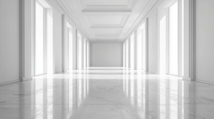 Obraz premium A spacious, minimalist hallway with large windows and polished marble flooring.