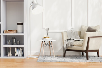 Cozy living room with fragrance scent diffuser and candle.