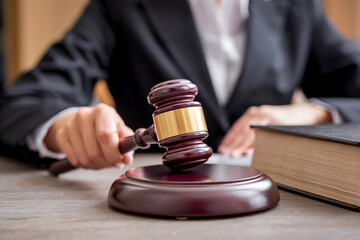 Gavel and law book on desk, highlighting legal themes and authority
