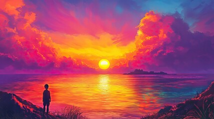 Fototapeta premium Silhouetted child watches vibrant sunset ocean.