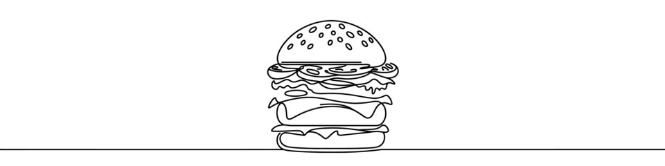 One continuous line illustration of a hamburger, isolated on white background. Line art of hamburger