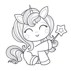 Cute cartoon unicorn holding a magic wand. Black and white line drawing. For coloring book design for kids, print, game, education, party, design, decor, cards, stickers. Vector illustration.