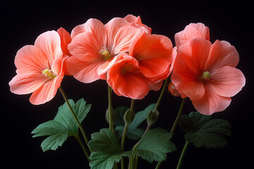 Fototapeta premium Coral Geranium Flowers Dark Background Bloom