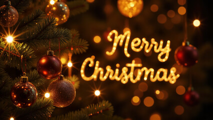 Yuletide Xmas tree decorated with warm glowing string lights and baubles with a orange blurred Merry Christmas sign 