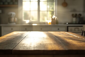 Fototapeta premium Warm sunlight illuminates a rustic wooden kitchen table in a cozy home, inviting warmth and serenity for memorable gatherings and culinary creativity