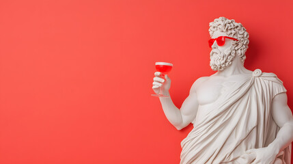 Greek Statue Wearing Red Sunglasses and Holding a Cocktail, Blending Classical Art with Modern Fun and Stylish Vibes