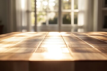 Warm sunlight streams through windows, illuminating a beautifully crafted wooden table surrounded by a cozy, inviting atmosphere in the late afternoon