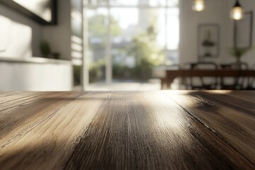 Warm wooden table bathed in sunlight invites cozy gatherings in a serene dining space with minimalistic decor and lush greenery