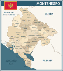Obraz premium Montenegro Map Vector Vintage Dark Blue Beige - Customizable layered political map of Montenegro with administrative divisions for website, education, reports, news, politics, print, poster