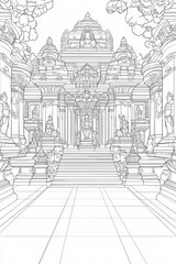 Intricate line art of a grand temple, showcasing detailed architecture and beautifully designed structures.