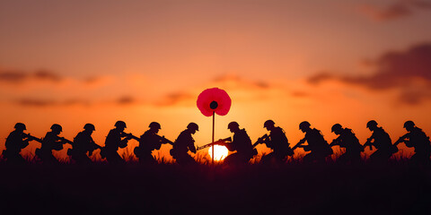 Remembrance Poppy with Silhouettes of Soldiers Fighting in World War, Symbolising Sacrifice, Honor, and Tribute to Fallen Heroes