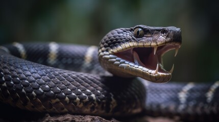 Obraz premium Venomous Serpent: Close-Up of a Striking Black Snake with Open Jaws