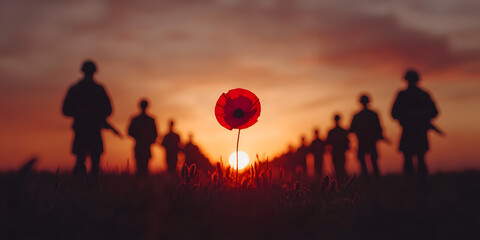 Naklejka premium Remembrance Poppy with Silhouettes of Soldiers Fighting in World War, Symbolising Sacrifice, Honor, and Tribute to Fallen Heroes