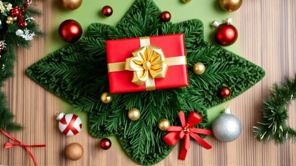 A festive red Christmas gift with gold ribbon nestled in lush pine branches surrounded by charming Christmas decorations  Holiday cheer winter season's greetings