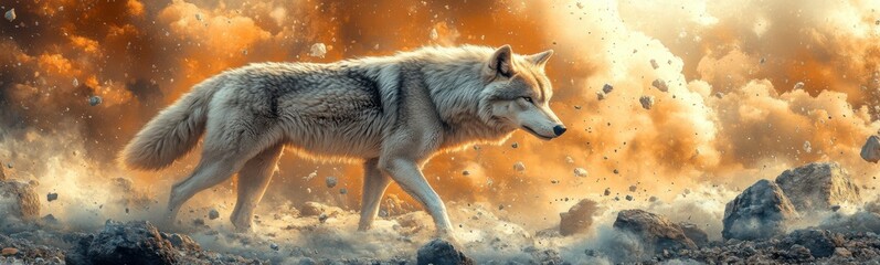 Obraz premium Wolf walking through a rocky area with rocks