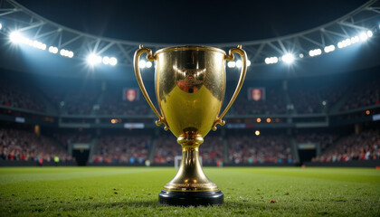 Golden trophy shines brightly on the field as fans celebrate a thrilling victory in a grand stadium