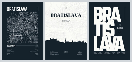 Obraz premium Set of travel posters with Bratislava, detailed urban street plan city map, Silhouette city skyline, vector artwork, set 2
