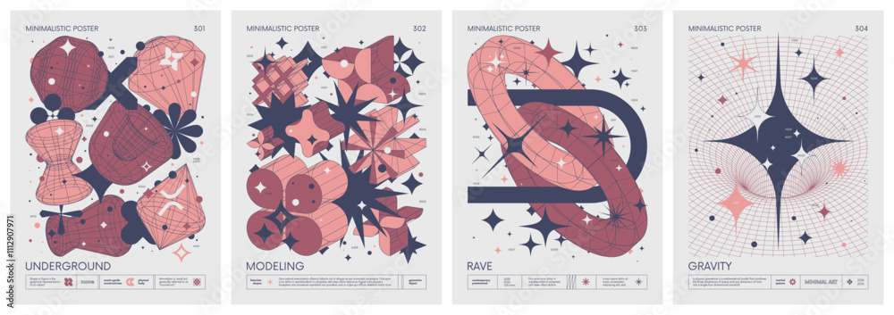 Poster brutalist style vector minimalistic posters with silhouette basic figures, retro futuristic graphic 