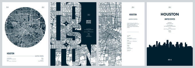 Set of travel posters with Houston, detailed urban street plan city map, Silhouette city skyline, vector artwork © max_776