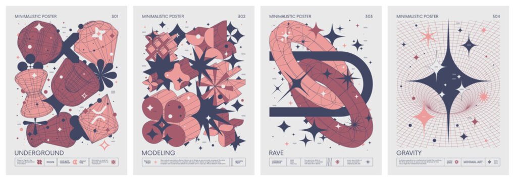 Brutalist style vector minimalistic Posters with silhouette basic figures, Retro futuristic graphic elements of geometrical shapes rave composition, Modern monochrome print artwork, color set 76