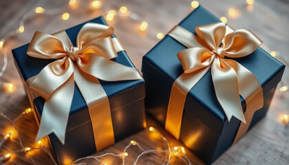 Elegant holiday presents with gold and white ribbons arranged on black surface