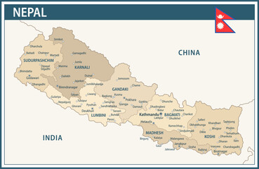 Nepal Map Vector Vintage Dark Blue Beige - Customizable layered political map of Nepal with administrative divisions for website, education, reports, news, politics, print, poster and wallpaper