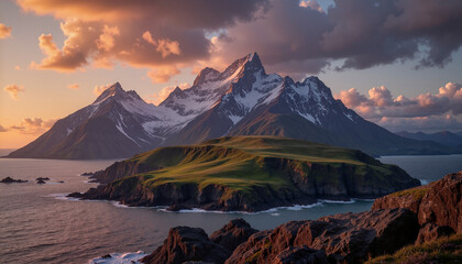 Majestic mountain island at sunset with dramatic clouds reflecting over the ocean water
