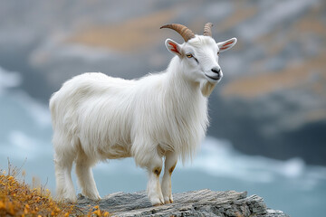 Obraz premium Majestic White Goat Stands On Rocky Outcrop