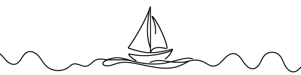 One continuous line illustration of a yacht sailing, isolated on white background. Line art of a yacht sailing