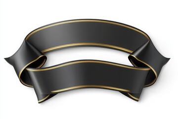 Black ribbon banner, gold trim, elegant, glossy, 3D, curved, floating, isolated on white background