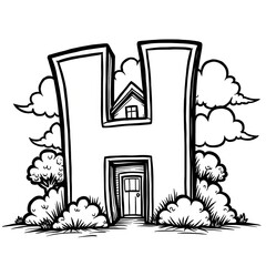 Naklejka premium Letter H House With Clouds And Garden