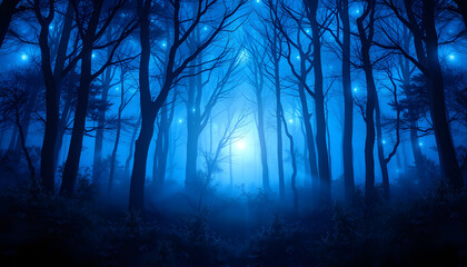 A blue magic forest with a bright mysterious glow isolated with white highlights, png