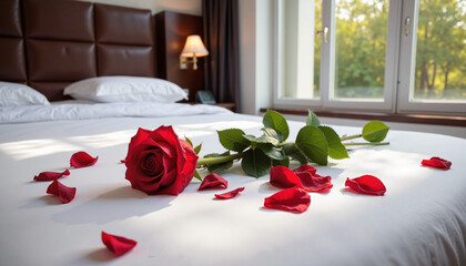 Romantic single red rose with petals on soft bed for Valentine’s Day ambiance