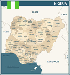 Nigeria Map Vector Vintage Dark Blue Beige - Customizable layered political map of Nigeria with administrative divisions for website, education, reports, news, politics, print, poster and wallpaper