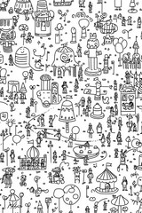 A vibrant, detailed black-and-white illustration filled with playful characters and whimsical structures.